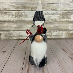 Valentines Gnome Black White Flannel Buffalo Check White Leather Heart Handmade